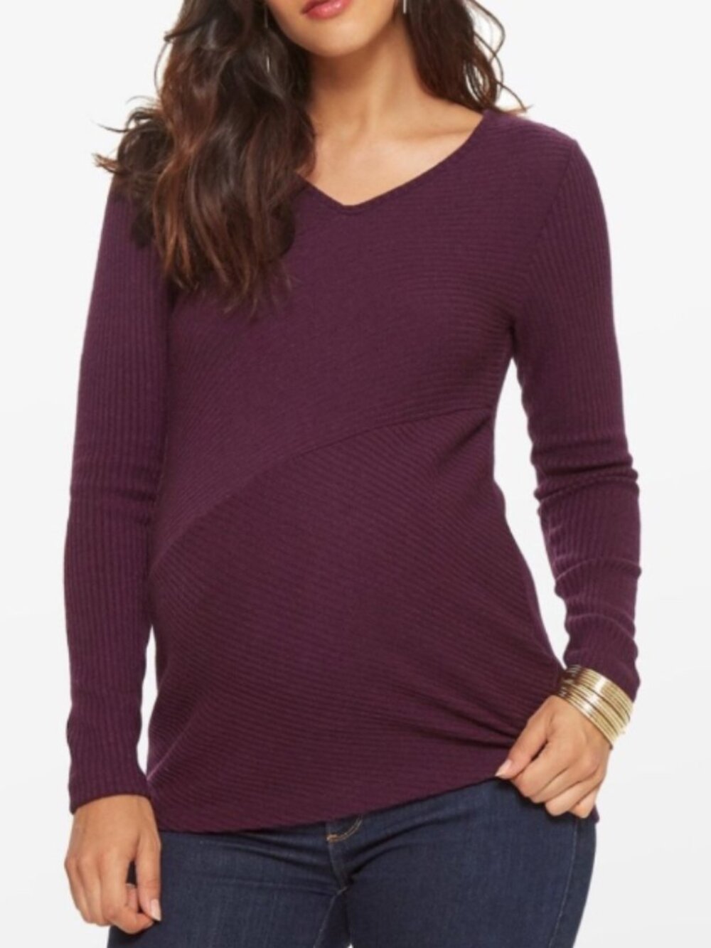 Stowaway Collection Sweater V Neck Ribbed Long Sleeves Purple Maternity Small - Picture 1 of 5
